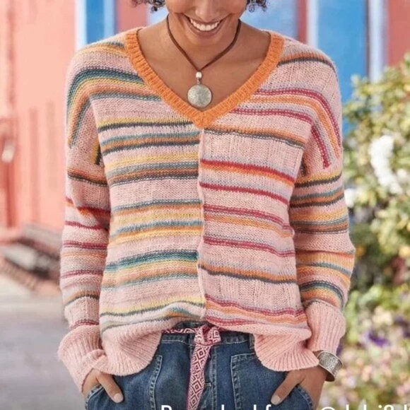 Sundance Sweaters - Sundance Medium Sweater striped v-neck stretch ribbed pullover colorful fun wool